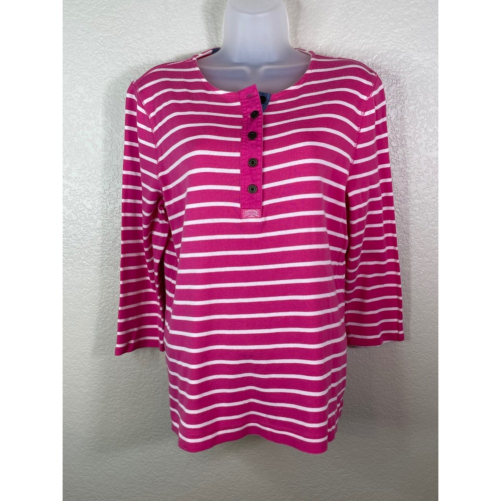 Ralph Lauren Jeans Co XL Henley Top Pink White Striped 3/4 Sleeve Cotton Coastal